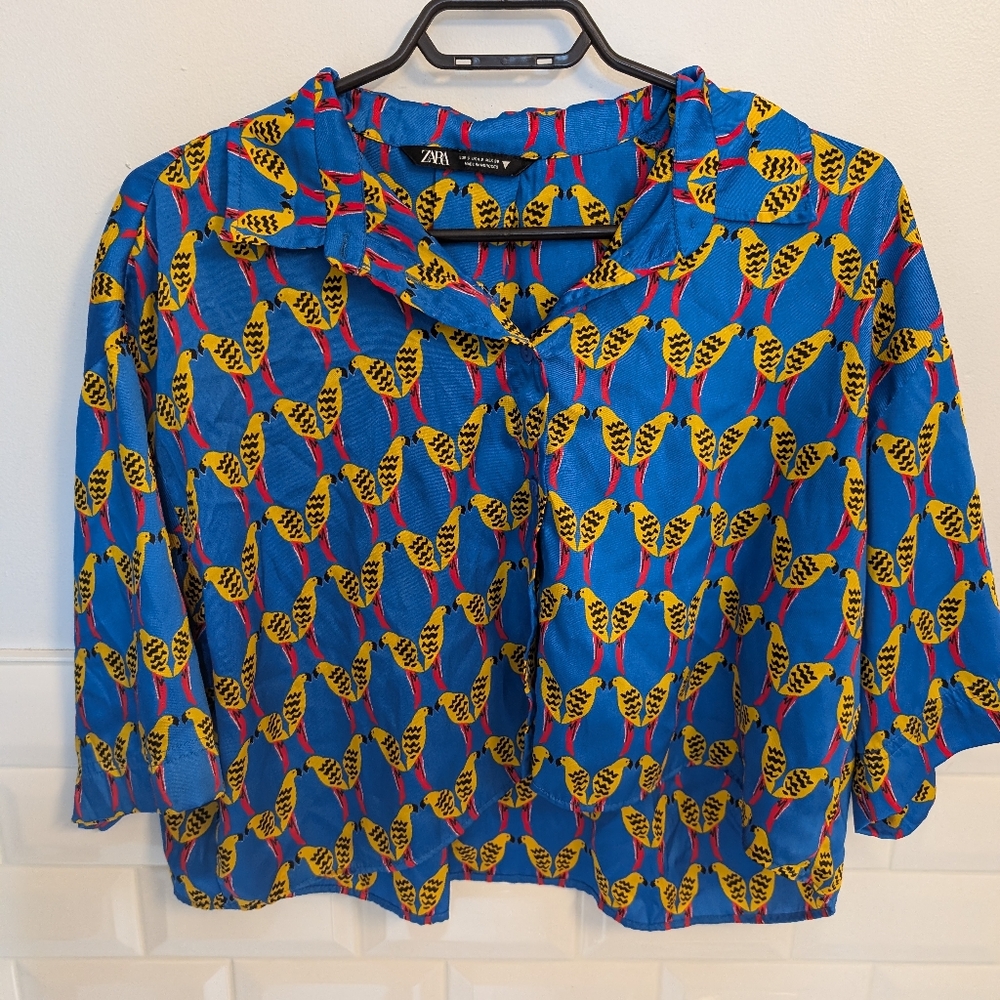 Zara Cropped Tropical Button Down w Birds